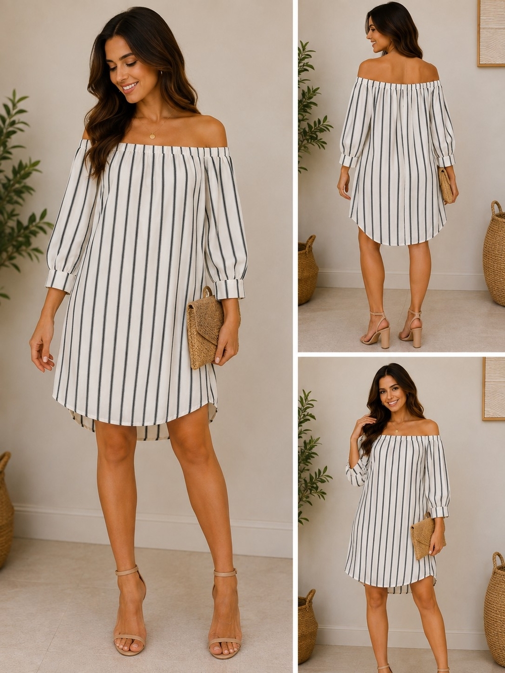 Forever 21 White Off-Shoulder Dress with Black Stripes